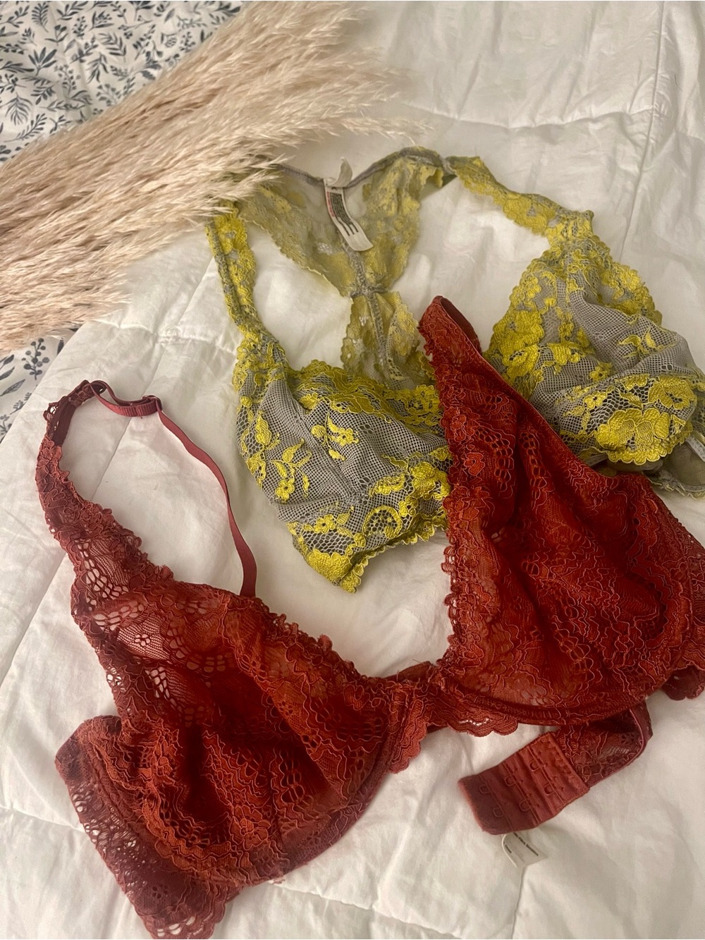 Free People Lace Bralette Duo in Rust and Yellow